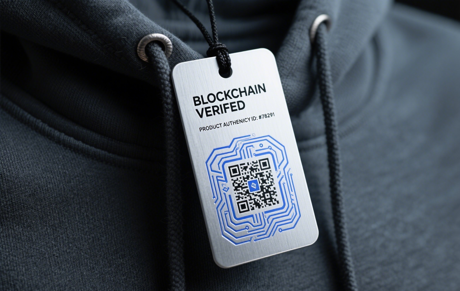 Blockchain clothing hang tag on garment, showcasing digital verification.